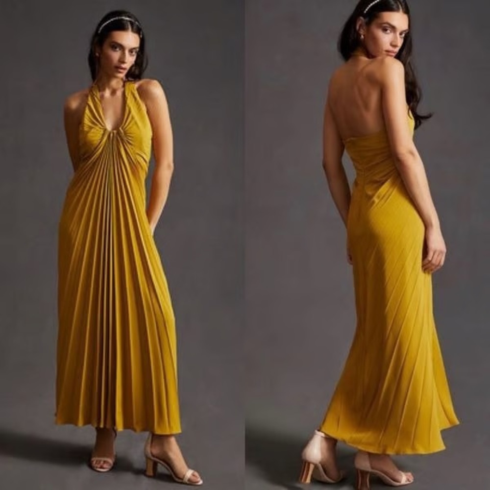 Anthropologie Golden Pleated Halter Dress